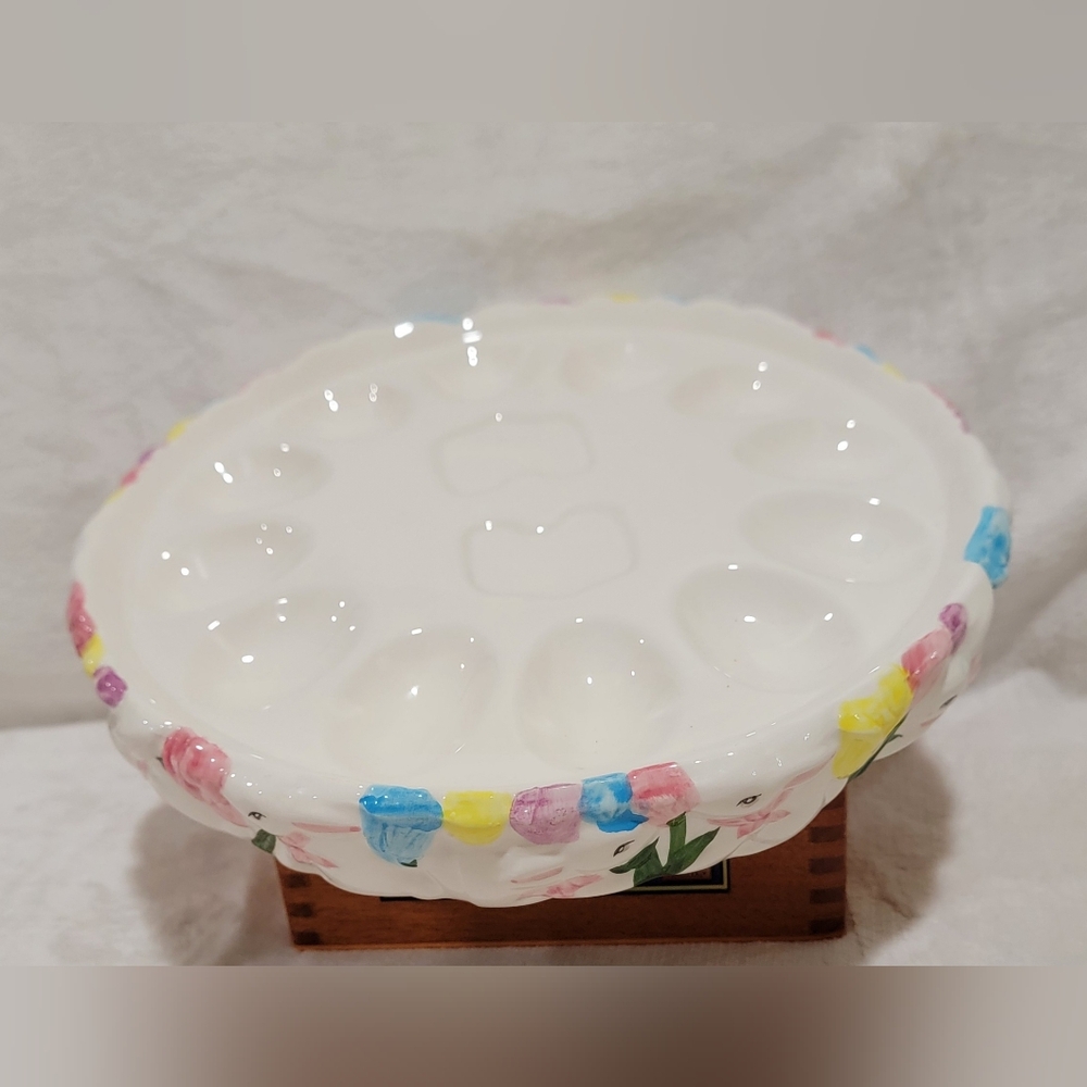 Easter Bunny Hand Painted Ceramic Lg Multi Col. 12 Divided Devil Egg Holder Dish